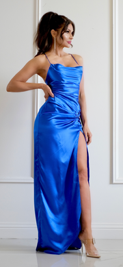 The Hailey Royal Blue Satin Front Twist Formal