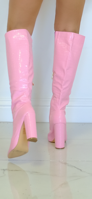 Pink Kickers Pointed Toe Croc Knee High Boots